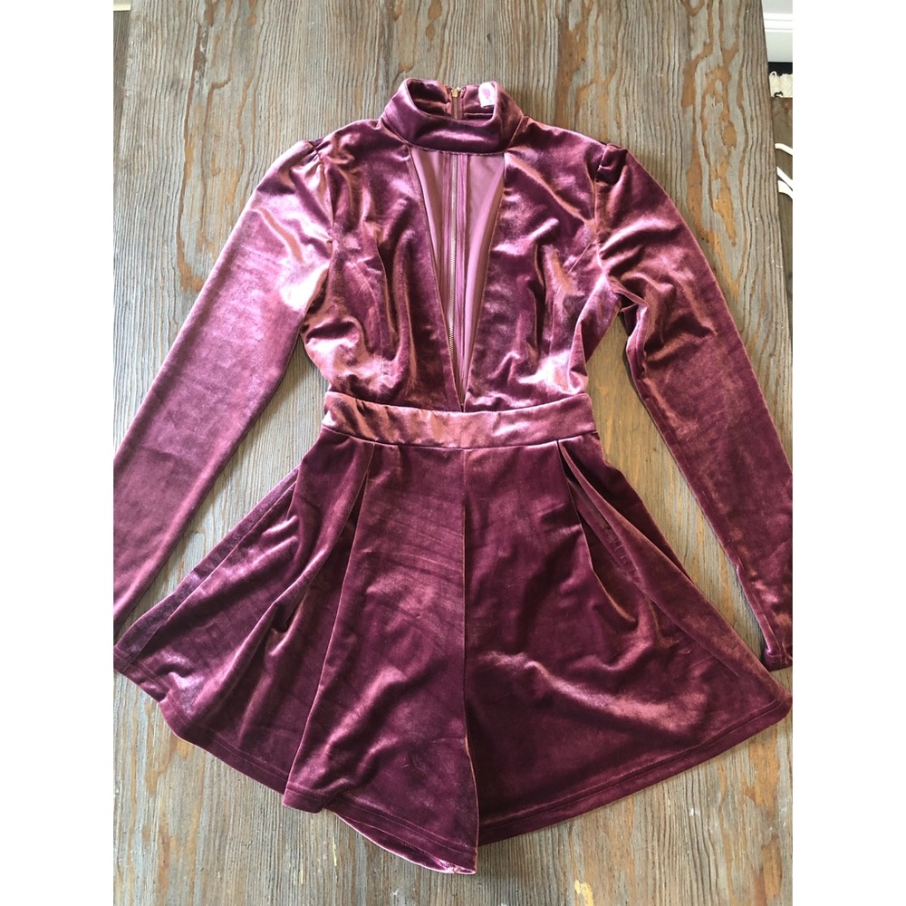 Purple velvet long sleeved romper